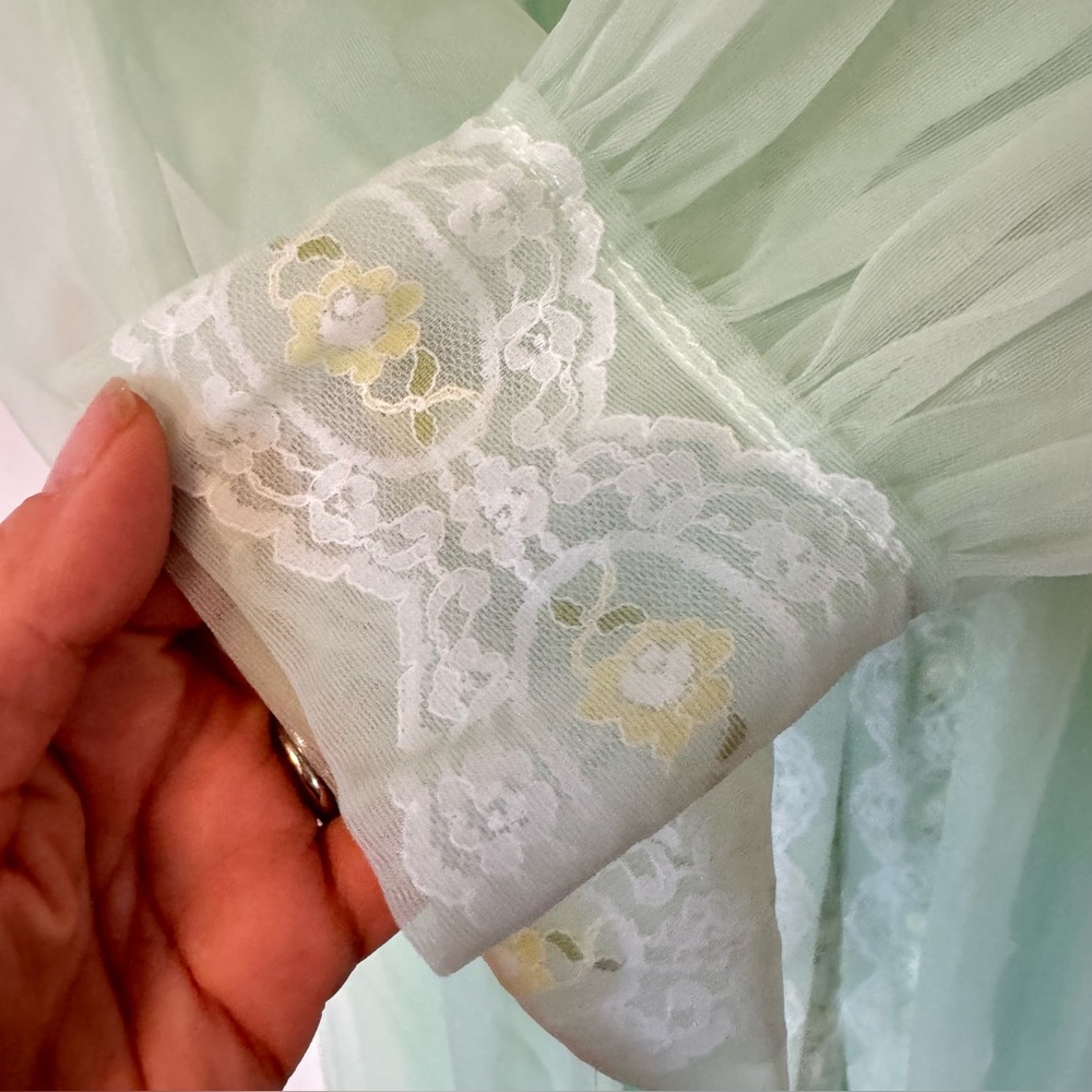 Vintage 50s Peignoir Set Mint Green Nighty Robe Lace Sheer Retro Small Medium - Picture 6 of 16